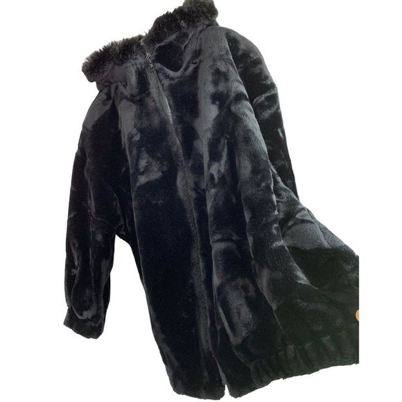 Jacobson's Vintage Faux Fur Zip Jacket Size 14 EUC Hood Black Plush Winter 6404 - Picture 3 of 10